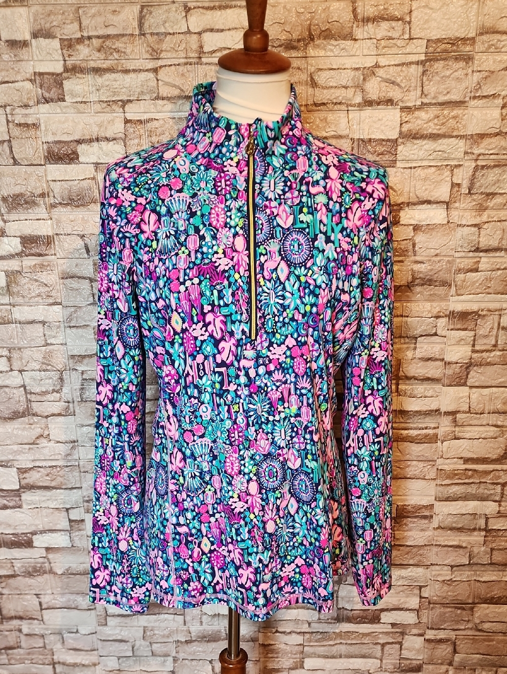 Lilly Pulitzer Luxletic Bright Floral Quarter-Zip Longsleeve  Pink, Teal & Navy